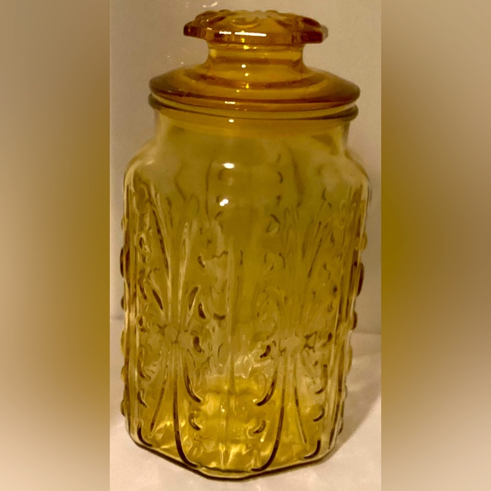VTG LE Smith Imperial Atterbury Scroll Amber Glass Canister 9" - Picture 2 of 6